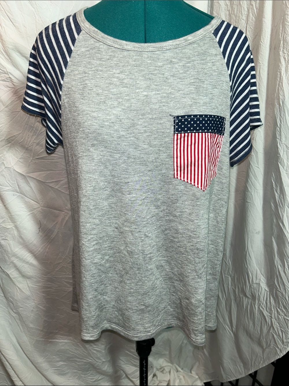 ODDY Grey Raglan Tee with Navy Stripe Sleeves and American Flag Pocket size L